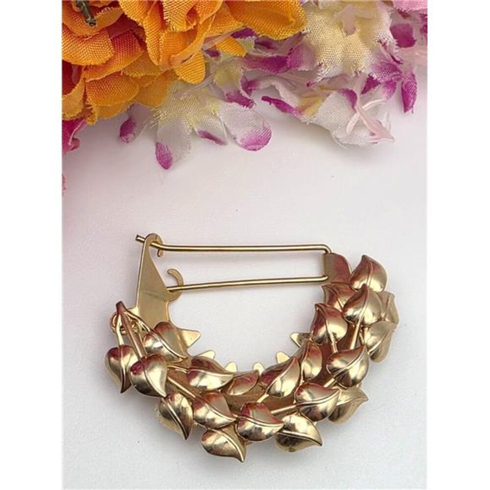 Vintage Gold Tone Half-Wreath Hair Clip Creeping Charlie Leaf Puff 2.25"